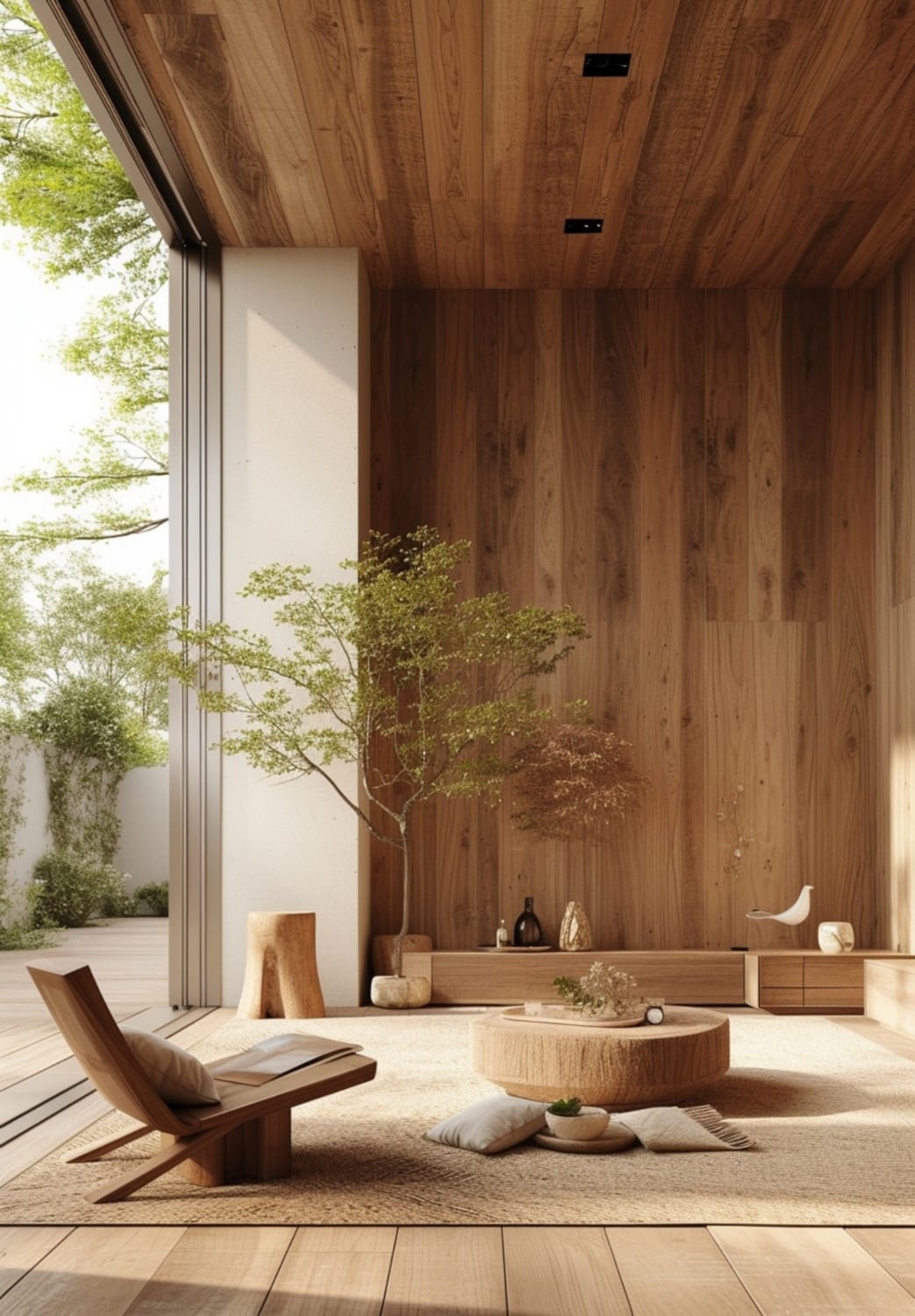 Sala com revestimento de madeira natural no piso, nas paredes e no teto, em estilo moderno