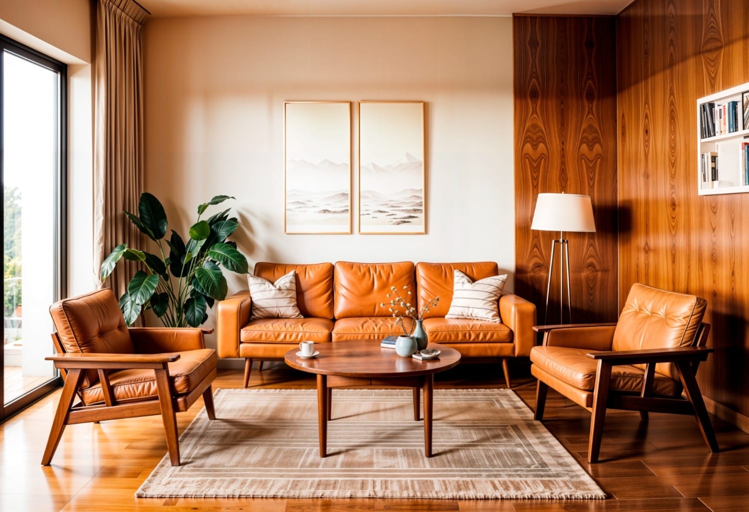 Decoração com painel e móveis de madeira em estilo contemporâneo