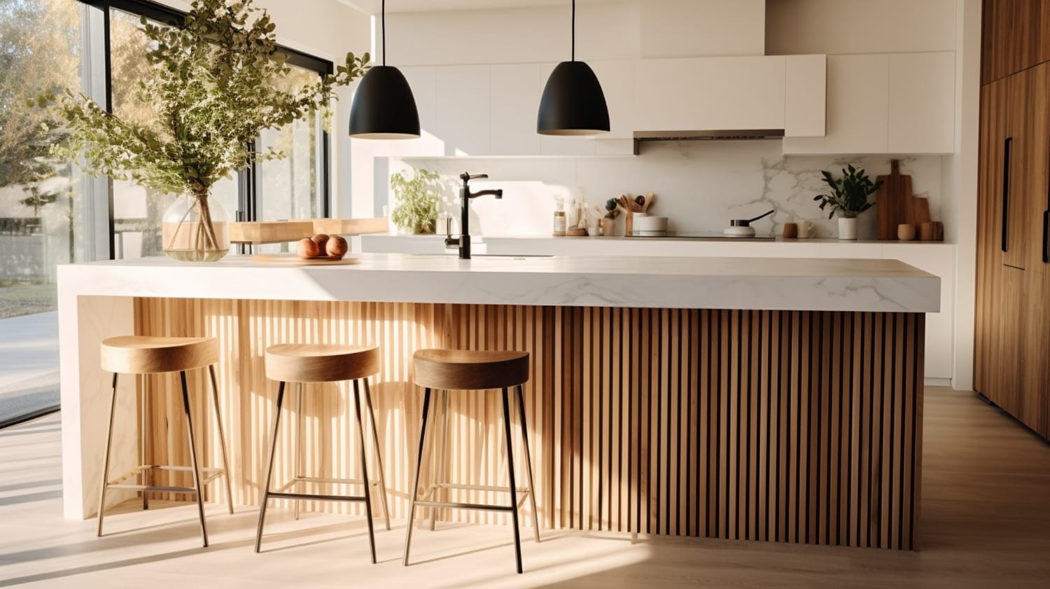 Cozinha moderna com bancada de pedra natural clara e design minimalista