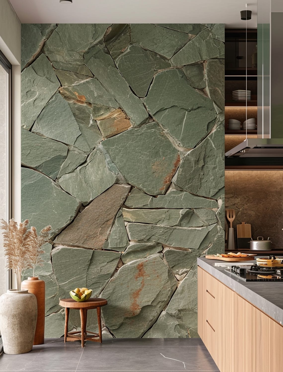 Parede de pedra natural verde em cozinha contemporânea