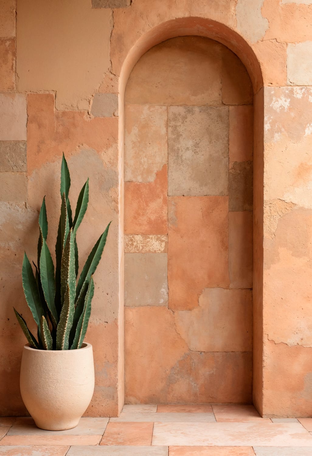 Parede com pedra natural em tons terracota e nicho em arco decorativo