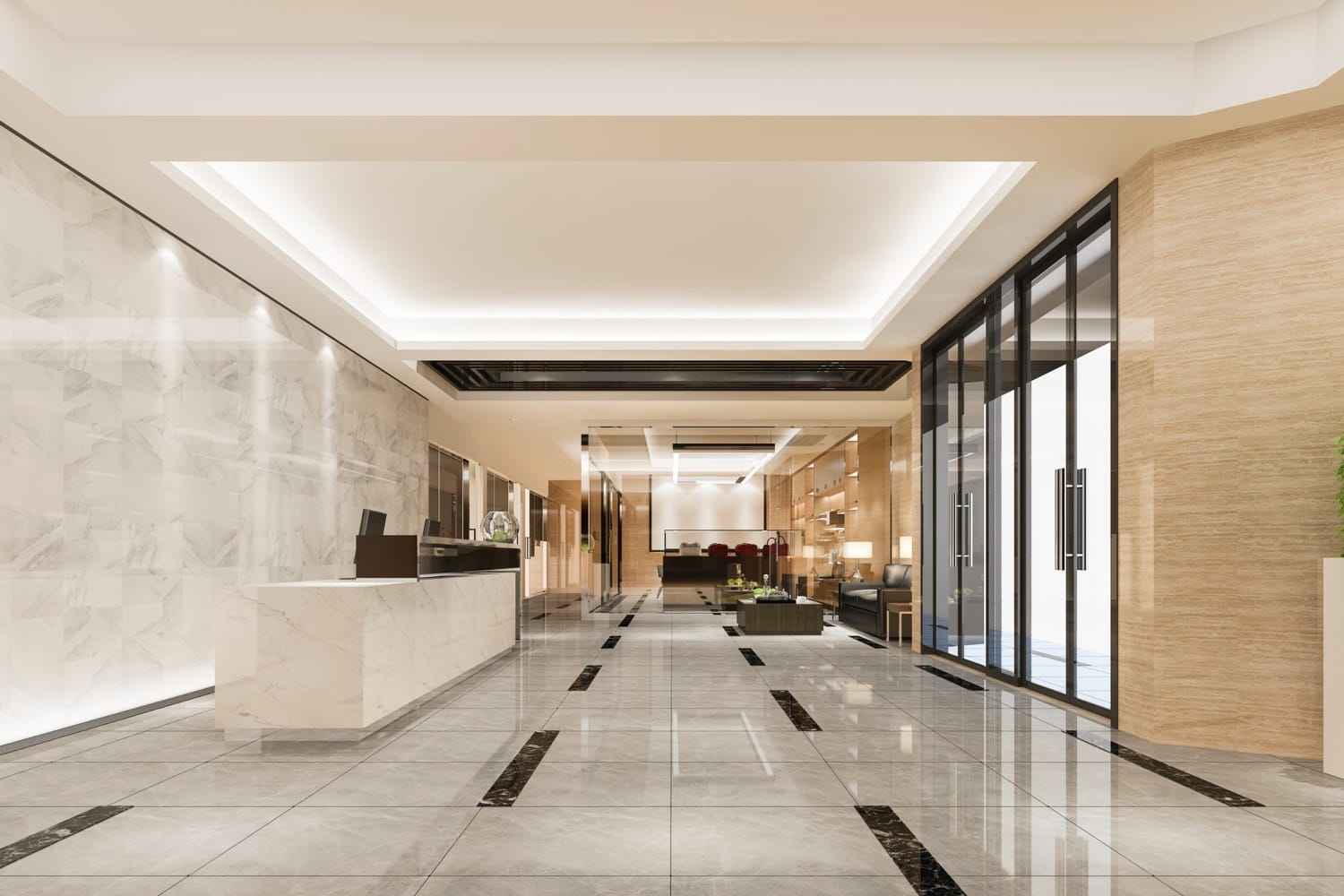 Hall de entrada moderno, com piso de porcelanato polido e acabamento sofisticado