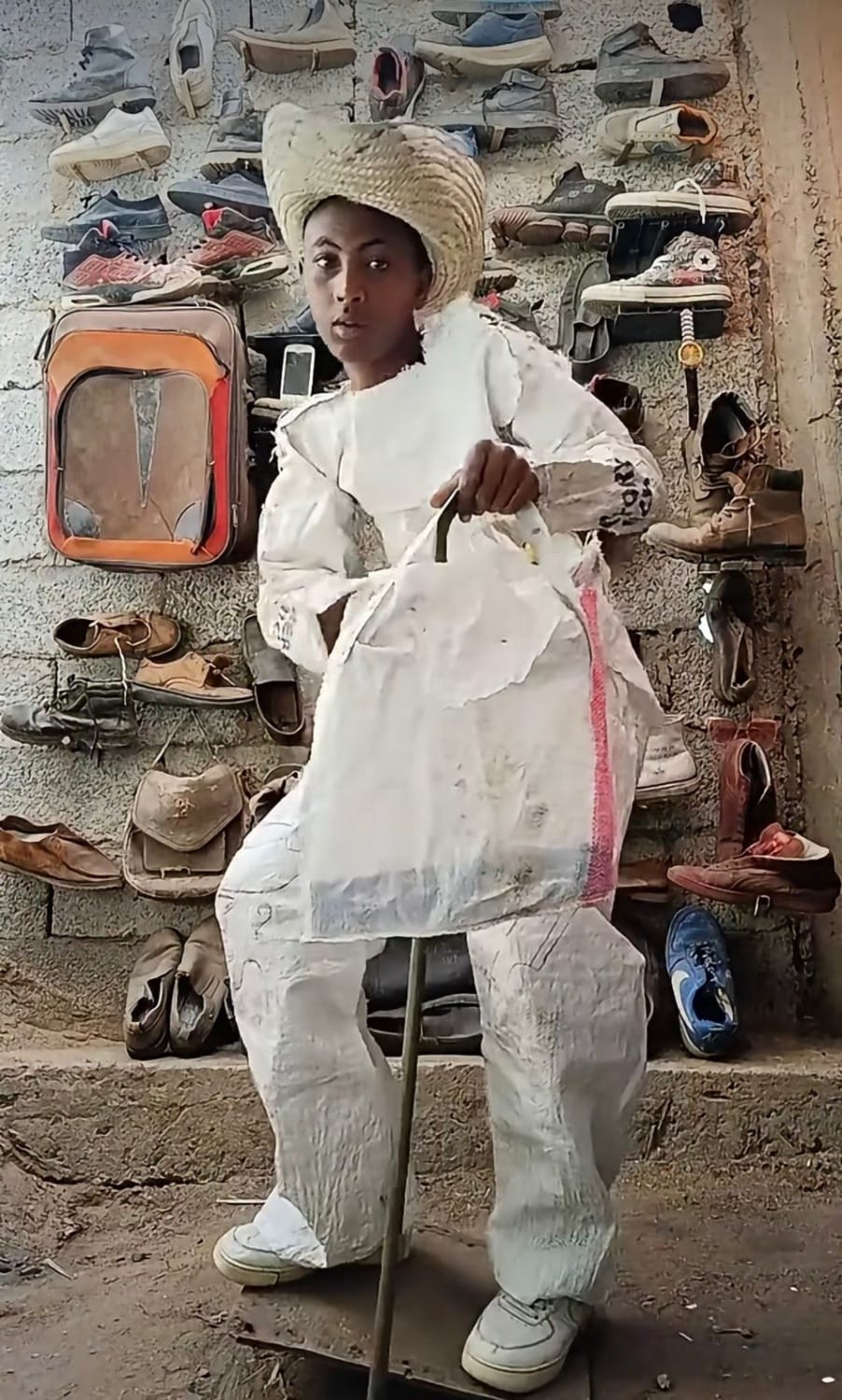 Kalu Putik, jovem criador de conteúdo usando roupa branca artesanal feita de materiais reciclados, em frente a parede com sapatos reutilizados, destacando moda sustentável e upcycling criativo