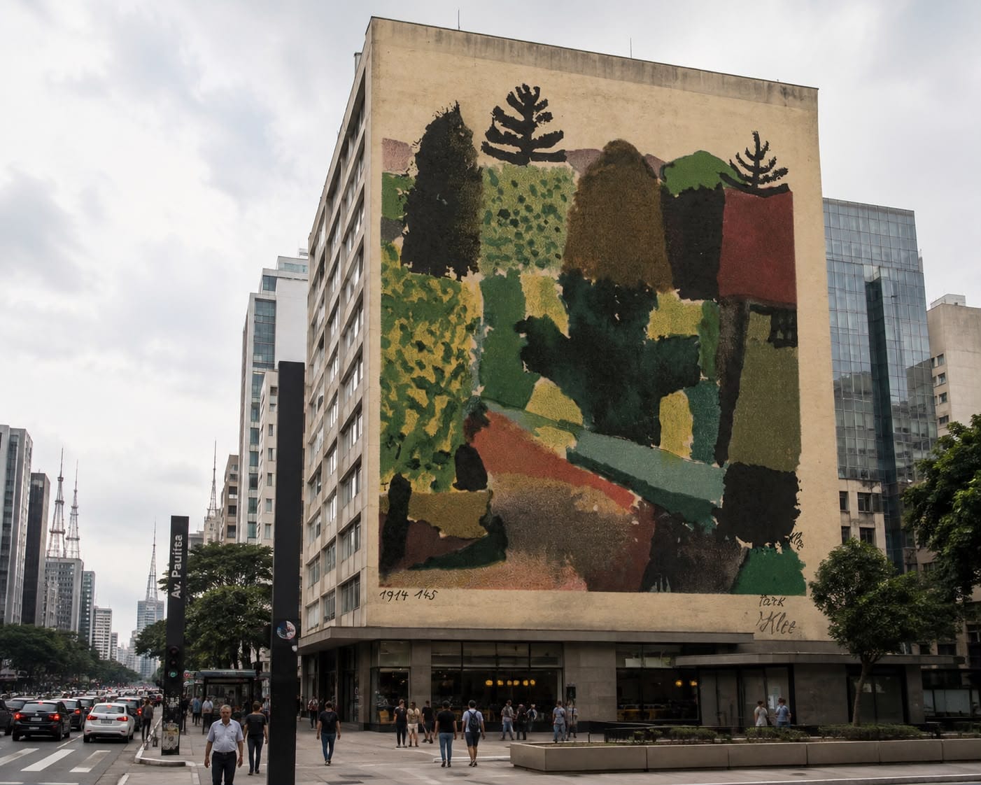 Le MUR Bordeaux – Homenagem a Paul Klee Nesta intervenção, a fachada do edifício reproduz a pintura Park bei Lu (1914), de Paul Klee, ampliando uma obra originalmente concebida para a escala da tela à dimensão da cidade. A intervenção transforma a arquitetura em suporte para a arte, aproximando o patrimônio artístico do cotidiano urbano.