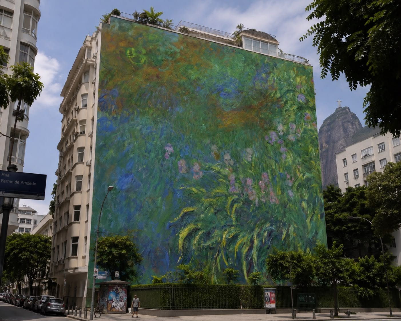 Mural inspirado em Claude Monet – Rio de Janeiro Esta intervenção transforma a empena cega de um edifício em uma reprodução monumental de uma obra de Claude Monet. As pinceladas impressionistas e a paleta de verdes, azuis e violetas ampliam a presença da natureza na paisagem urbana, demonstrando como a arte pode ressignificar grandes superfícies arquitetônicas.