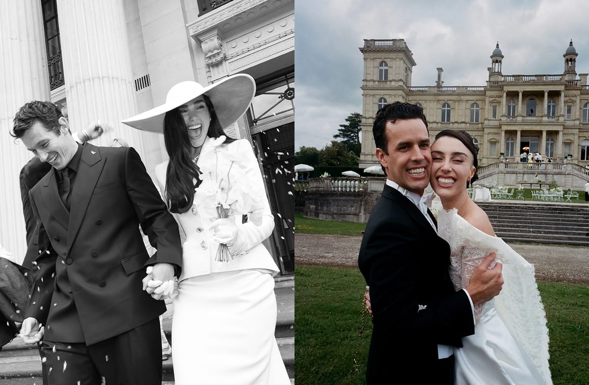 Montagem com fotos de dois casamentos: o de Dua Lipa com Callum Turner e o de Elisa Zarzur com Alexandre Negrão