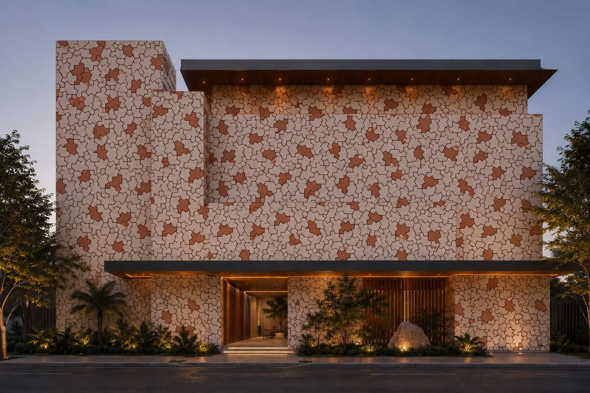 A imagem mostra a fachada frontal de uma residência contemporânea de alto padrão, revestida com um mosaico orgânico