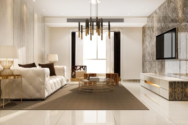 Sala de estar sofisticada com piso de porcelanato polido e decoração moderna