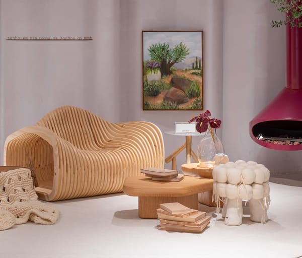 Ambiente da CASACOR BC 2026 com poltrona de madeira escultural, mesa orgânica, banco em lã e lareira suspensa rosa em decoração contemporânea acolhedora