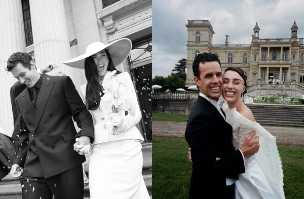 Montagem com fotos de dois casamentos: o de Dua Lipa com Callum Turner e o de Elisa Zarzur com Alexandre Negrão