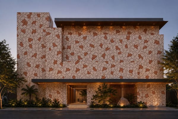 A imagem mostra a fachada frontal de uma residência contemporânea de alto padrão, revestida com um mosaico orgânico